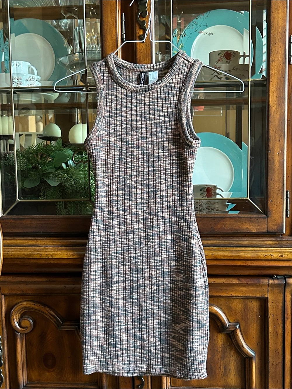 Divided Ribbed Tank Mini Dress in Brown and Cream